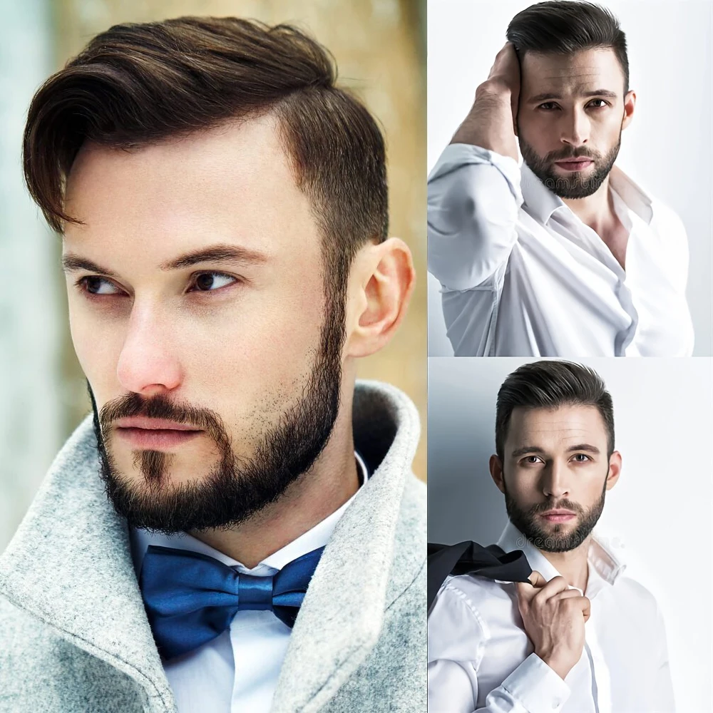 7X9 الدانتيل مع بو الشعر المستعار الرجال هيربيسي أنظمة استبدال الشعر البشري لعذراء الشعر المستعار للرجال الاستخدام اليومي قطعة شعر للرجل