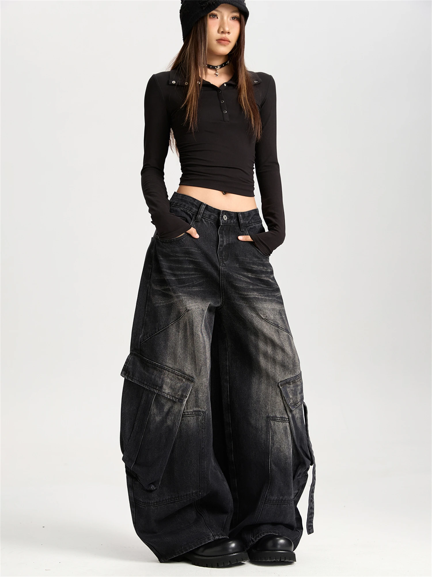 

Women's High Waist Wide Leg Black Jeans Vintage Washed Multi-Pocket Cargo Style Gothic Y2K Streetwear Loose Denim Trousers