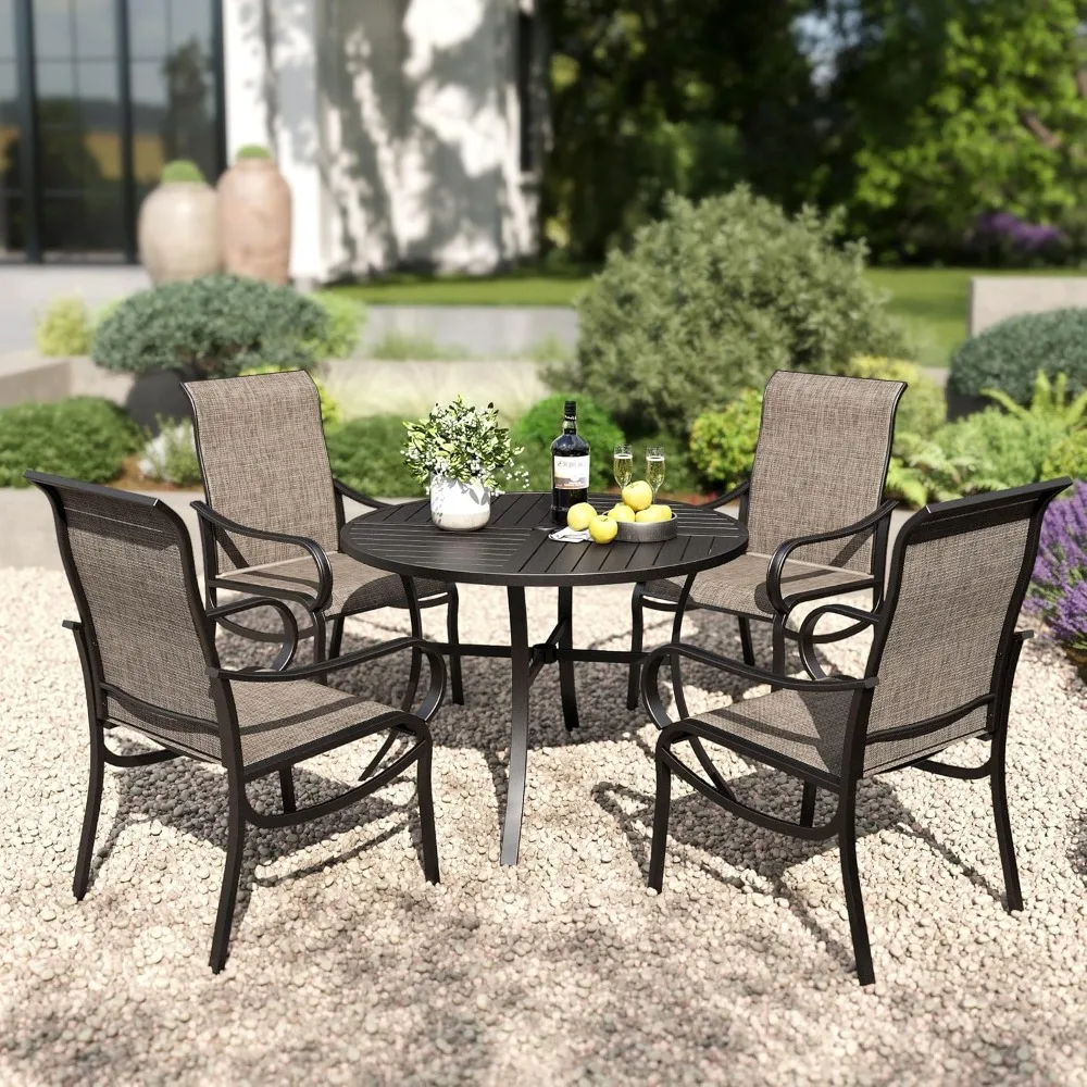 

Round Patio Dining Set for 4 Person, 42'' Round Metal Slat Table with Umbrella Holes and 4 High Back Fixed Chairs, Customized