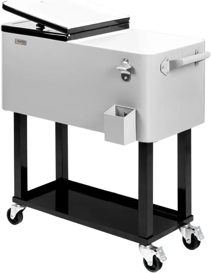 80 Quart Rolling Ice Chest, Portable Patio Party Bar Drink Cooler Cart, with Shelf, Beverage Pool with Bottle Opener