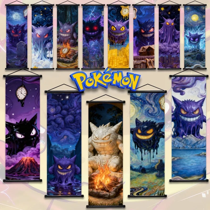 

Pokemon Gengar Surreal Art Fabric Hanging Scroll, Van Gogh Starry Night Anime Wall Art for Gaming Room Decor