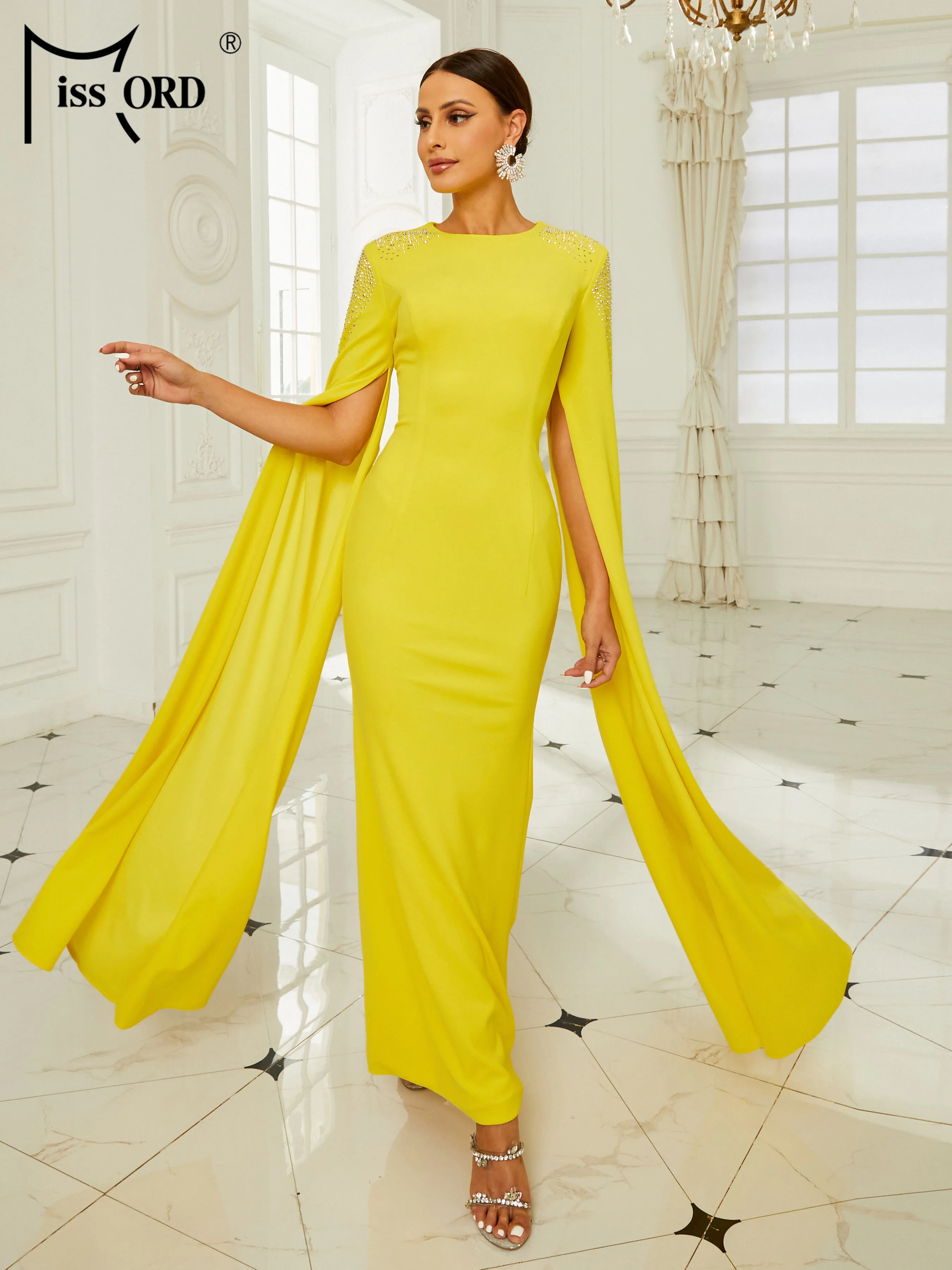 Missord Elegant Yellow Prom Dress For Muslim Women O-Neck Split Long Sleeve Diamonds Bodycon Party Dresses Formal Evening Gown