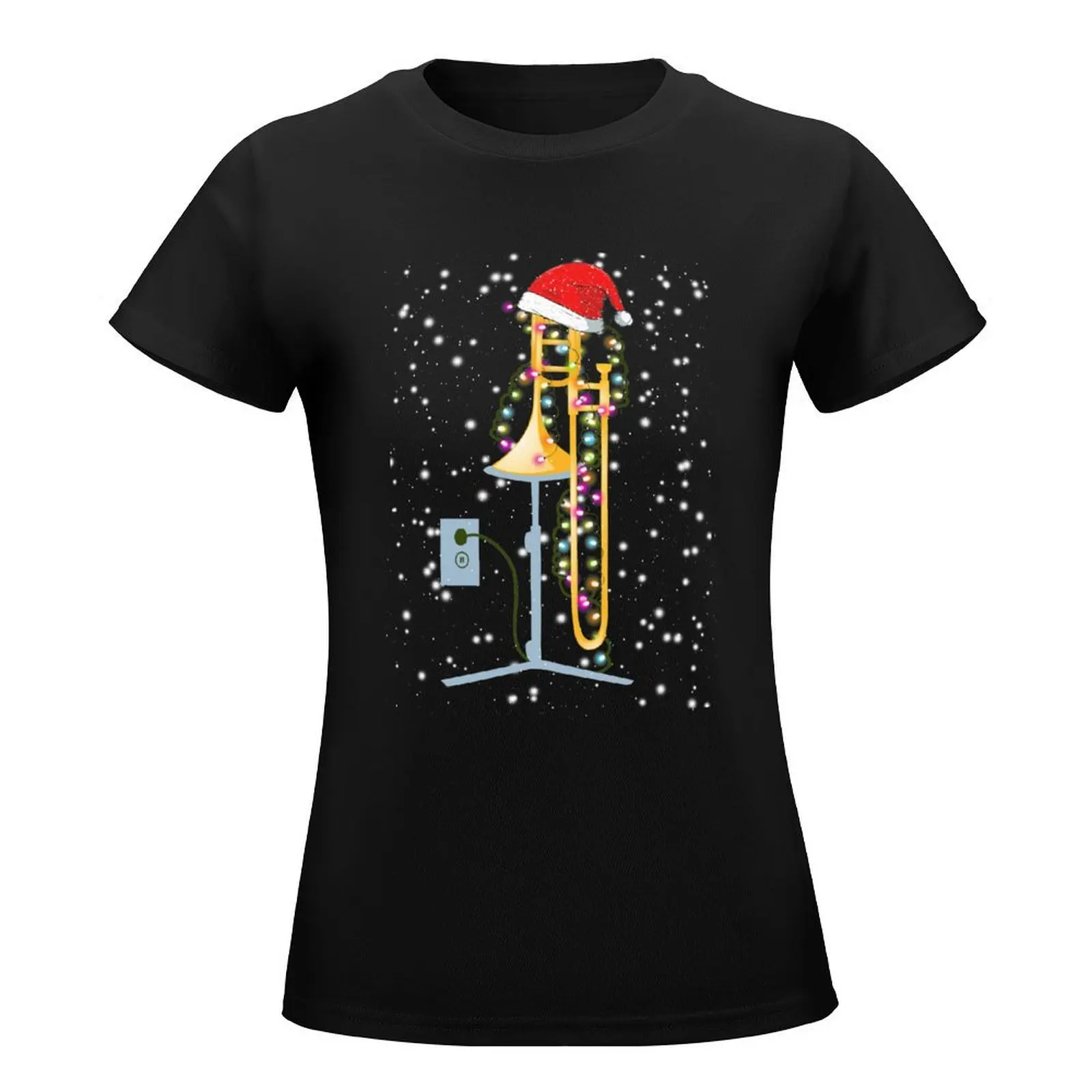 Christmas Trombone Santa Hat Snow T-Shirt summer clothes graphics tees tshirts for Women