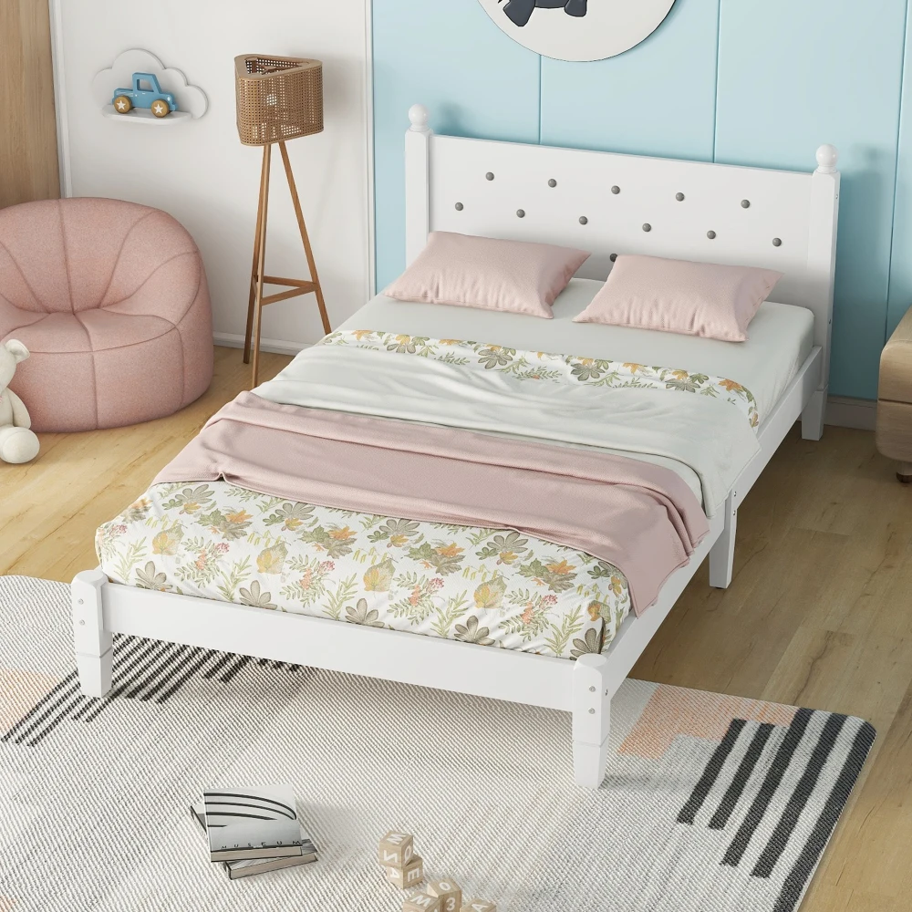 Twin Bed with Button-Decoration Headboard, with Bed Slats Kids Teens Adults Space-Saving Design Full-Length