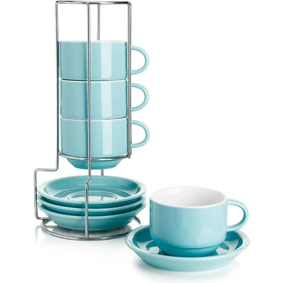 

Sweese 8 Ounce Porcelain Stackable Cappuccino Cups with Saucers and Metal Stand - for Specialty Coffee Drinks Cappuccino Latte