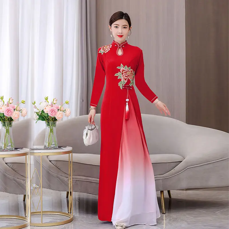 Audrey Cheongsam 2025 Autumn Women's Long sleeved High end Stage Advanced Sense Etiquette Walk Show Long Choir Performance Dress