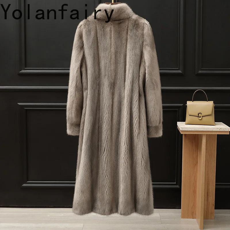 YOLANFAIRY ماركة معطف الفرو الطبيعي امرأة المنك سترة الشتاء منتصف طول الفاخرة 2025 معاطف فرو المنك كاملة الوقوف طوق الرمادي جاكيتات