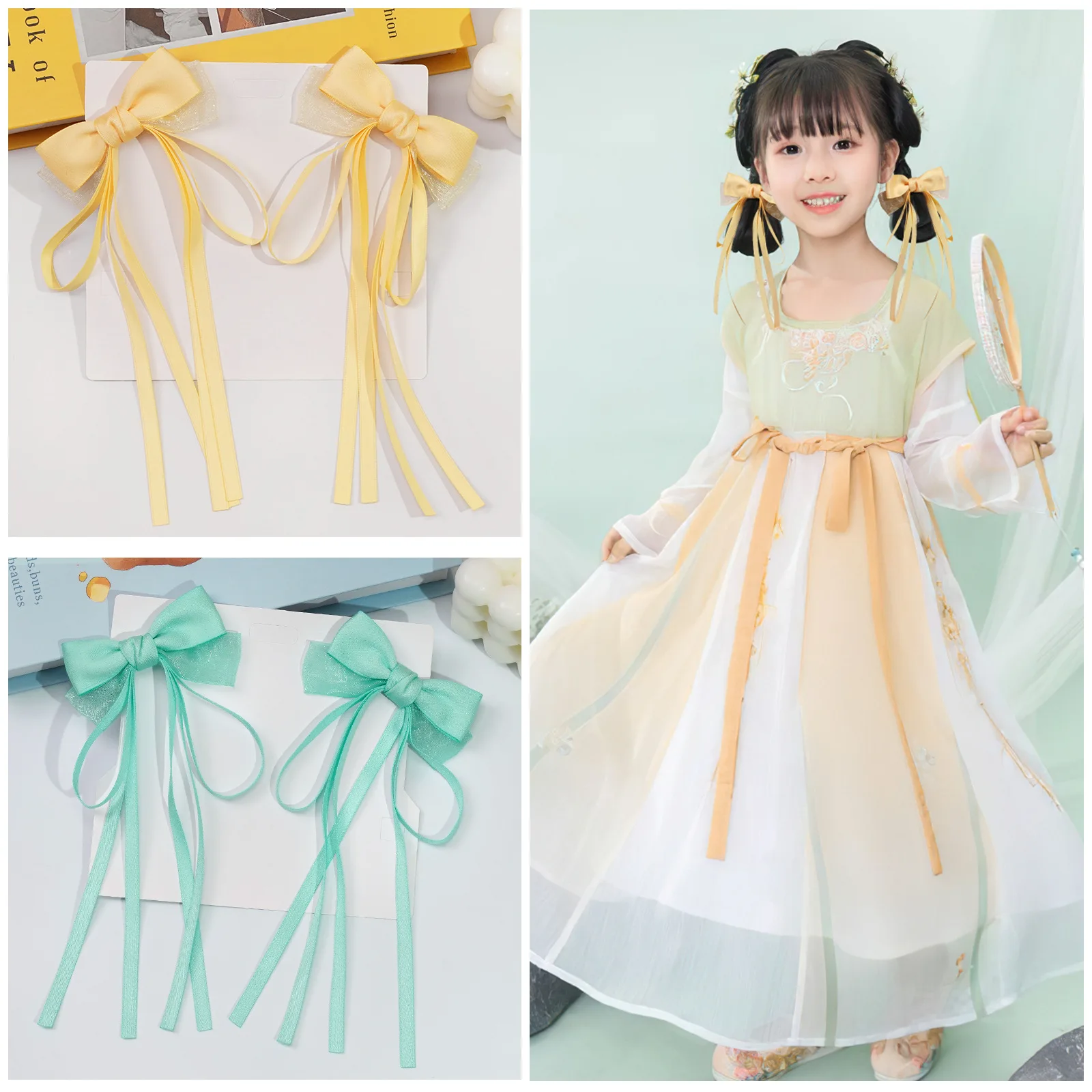 2 PCS/Lot, Chinese style Ribbon Tassel Hair Accessories Hanfu Kimono Ancient Customs Hairpin Tang Costume Headwear For Kids Girl