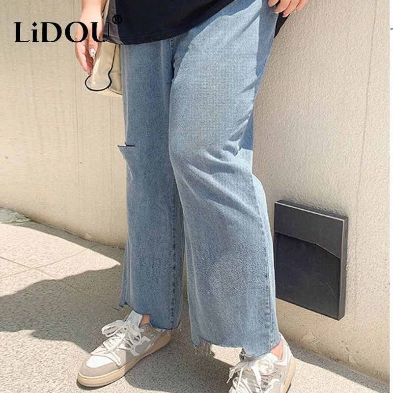 2023 Spring Autumn Loose Casual Jeans Fashion Trousers Ripped Straight Leg High Waist Bottom Solid Plus Size Cropped Pants Women images - 6