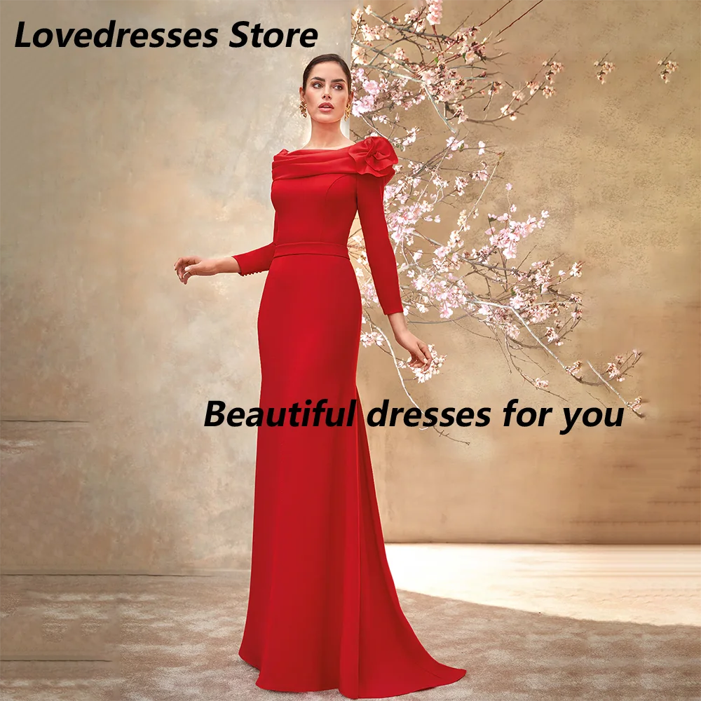 

Red Mother of The Bride Dress Boat Neck 3/4 Sleeves Elegant Wedding Guest Dress Mermaid Floor Length Evening Gowns Customized