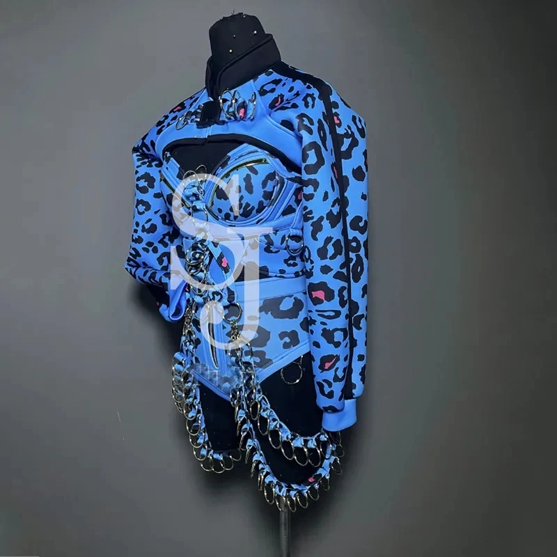 Sexy Gogo Dance Clothing Pole Dance Costume Women Blue Leopard Chain Bodsyuit Rave Outfit