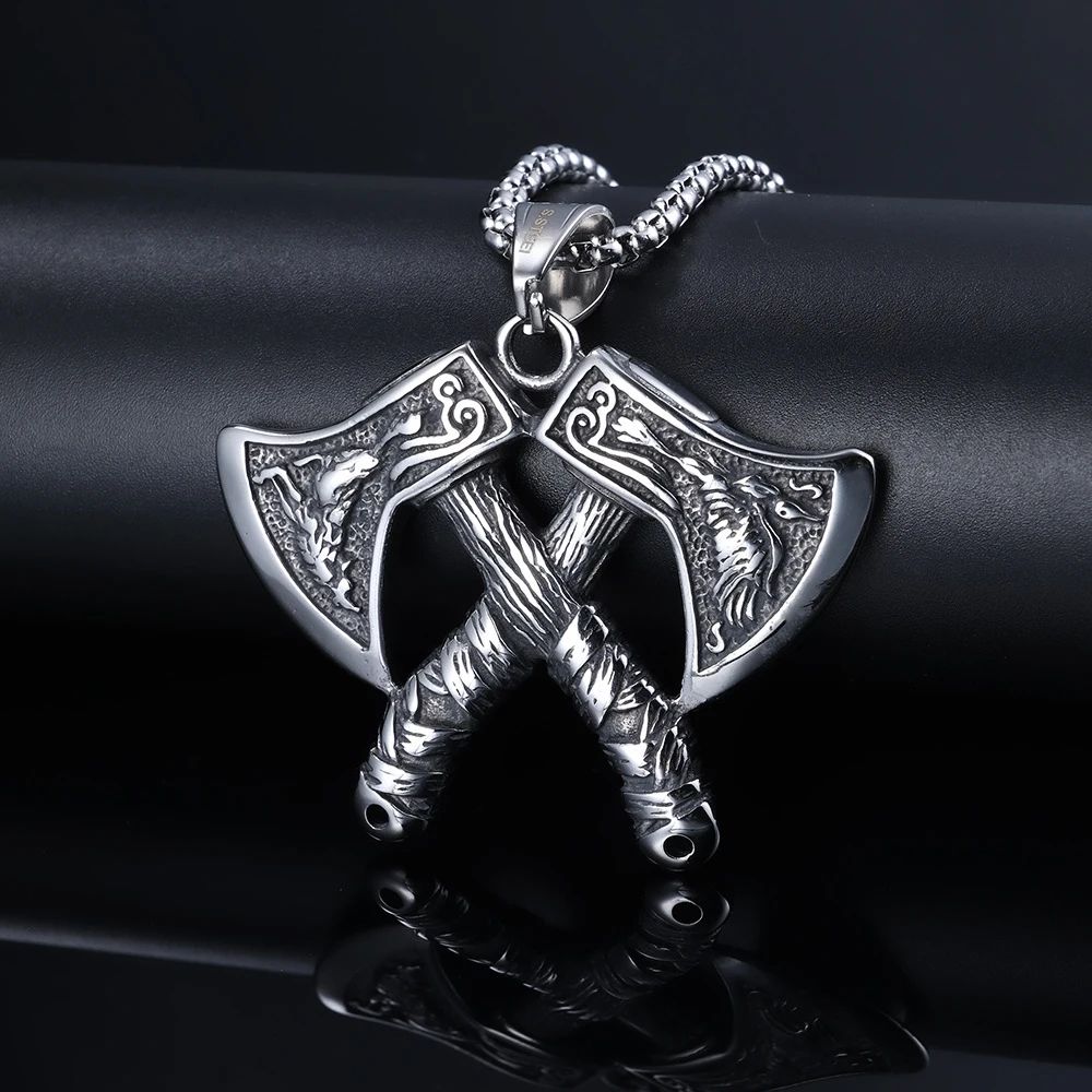 Vintage Viking Ax Pendant Necklace Men Fashion Biker Norwegian Viking Stainless Steel Amulet Necklace Charm Jewelry Wholesale