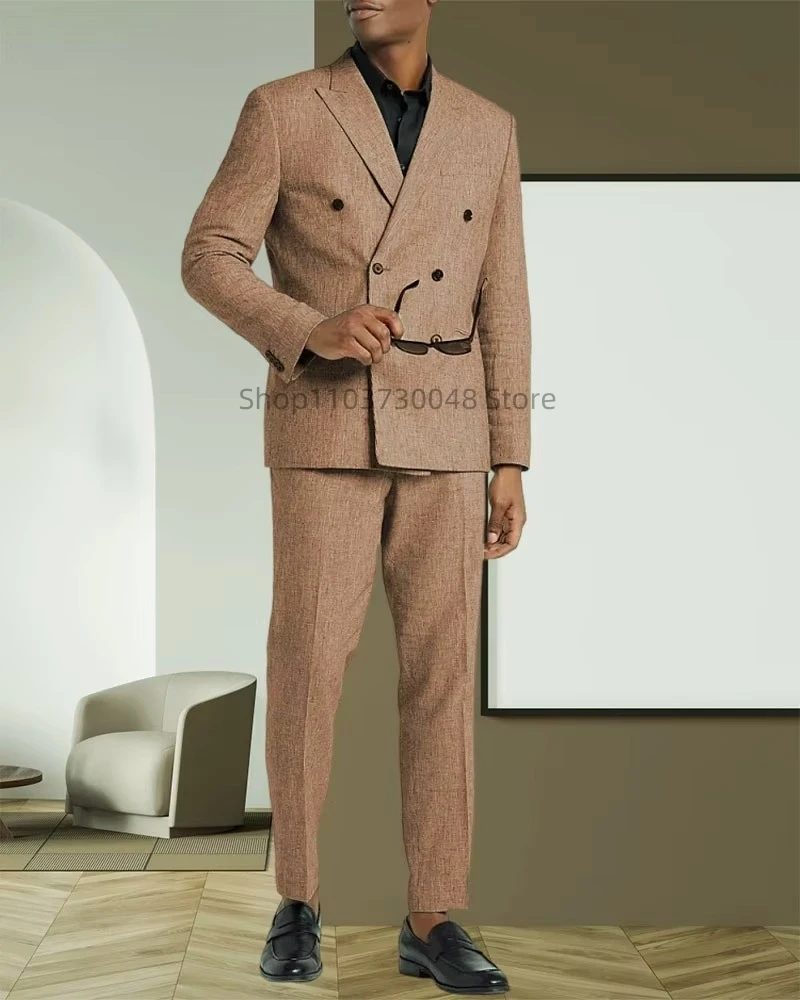 

Casual Men's Brown/Blue Linen Peak Lapel Double Breasted Blazer Pants 2 Piece Wedding Groom Tuxedo Summer Prom Party Suits Set