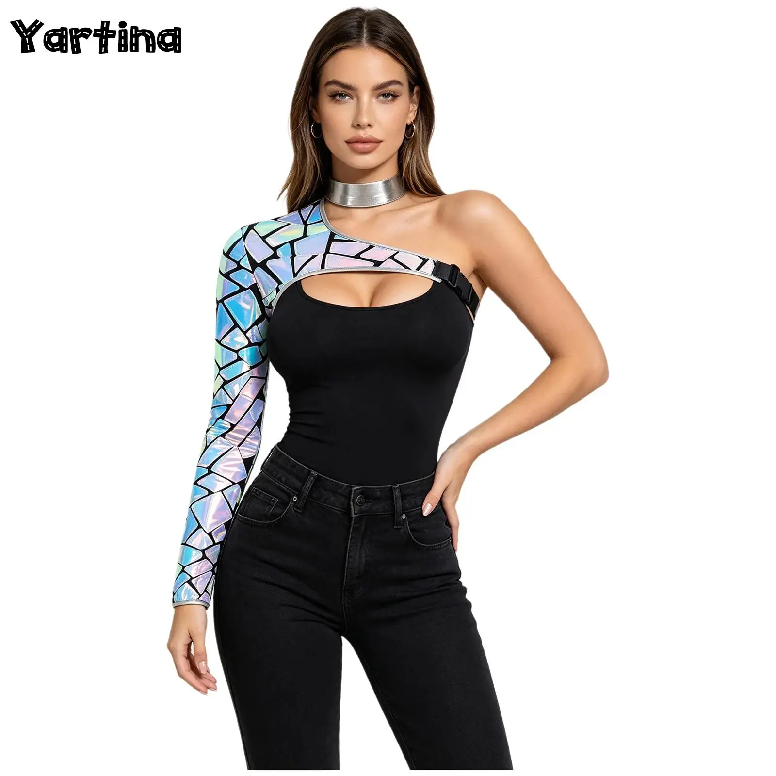 Top corto de lentejuelas con estampado de espejo y un solo hombro para mujer, con cuello choker y tirante ajustable, disfraz espacial de astronauta para Halloween