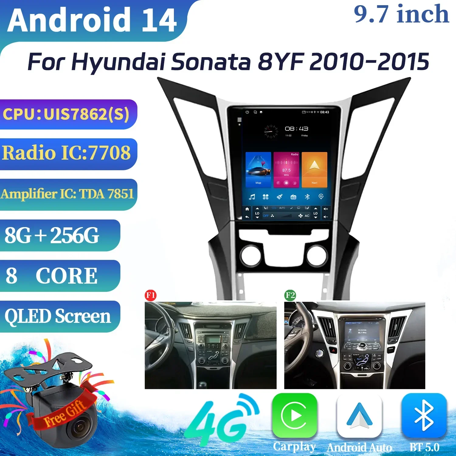 9.7inch For Hyundai Sonata 8YF 2010-2015 Car Radio Multimedia 4G GPS Android 14 Navigation Multimedia Carplay Head Unit Screen