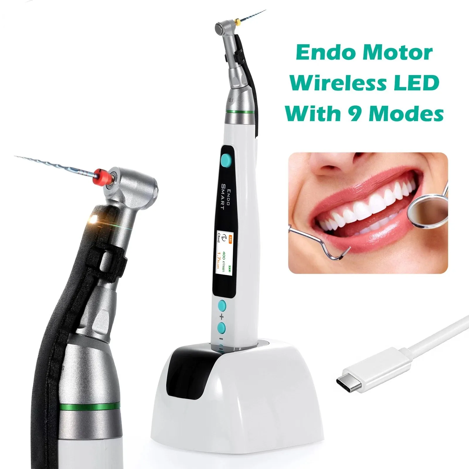Dental Cordless LED 16:1 Endo Motor Contra Angle 9 Programs Reciprocating Endodontic
