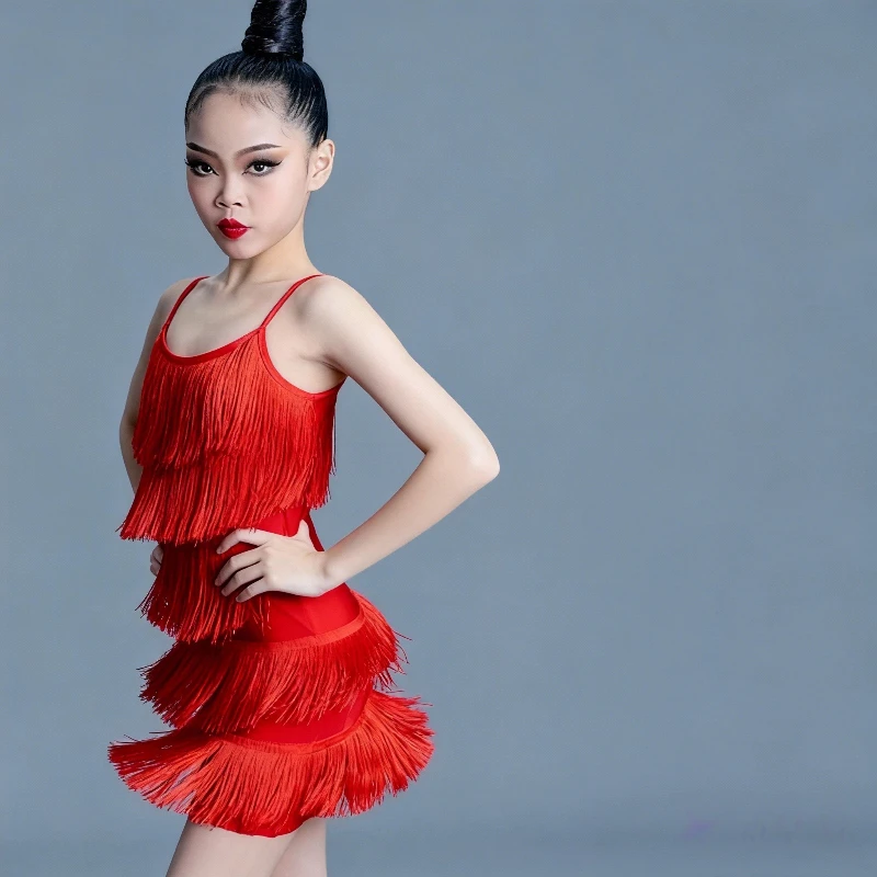 

Платье для латинских танцев для девочек, конкурс, бальные танцы, сальса, самба, танго, бахрома с кисточками, стандартный тренировочный костюм для детей