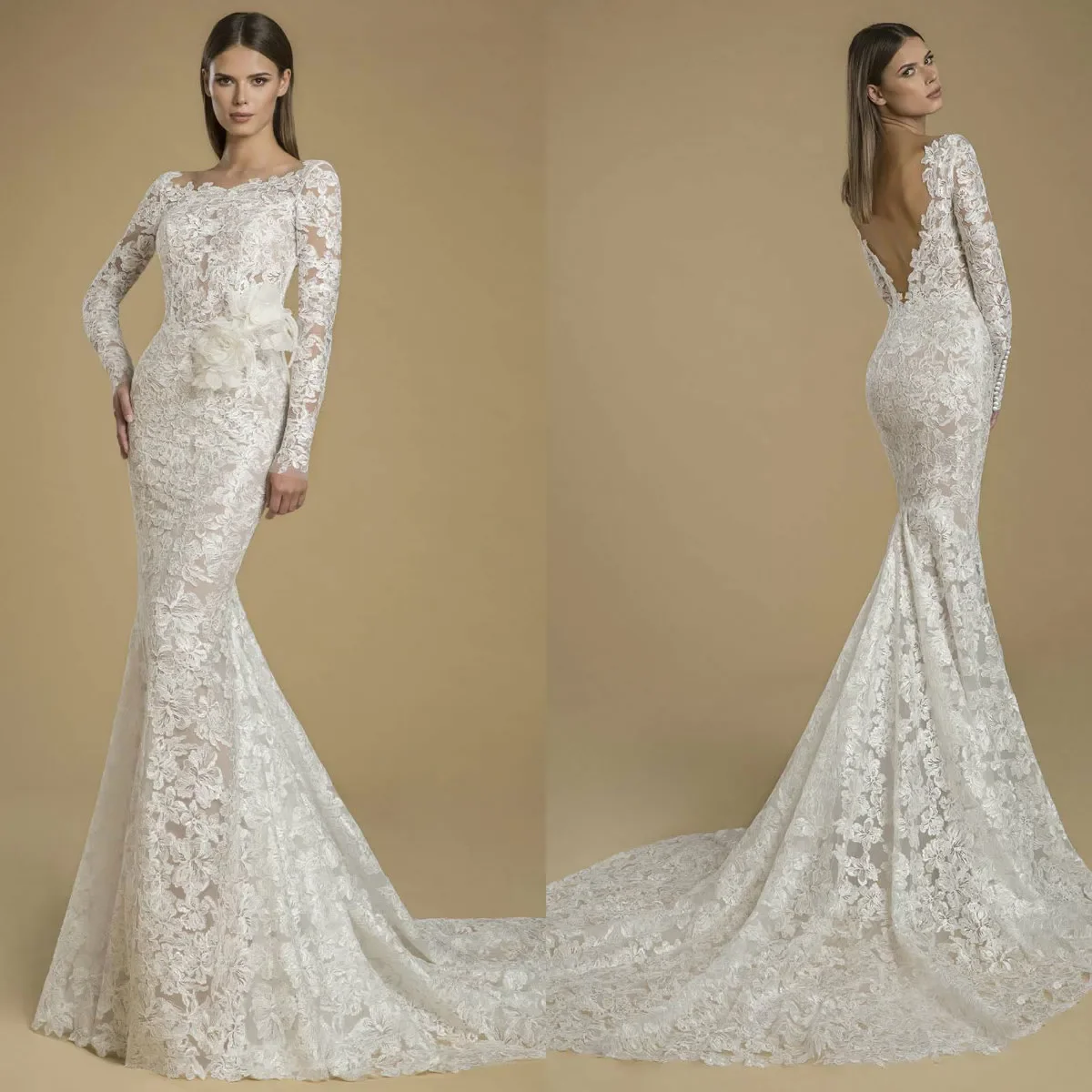 

Customized Luxurious Lace Mermaid Sweeping Train Women's Wedding Dress Sexy Long Sleeved Backless Bridal Gown Vestidos De Novia