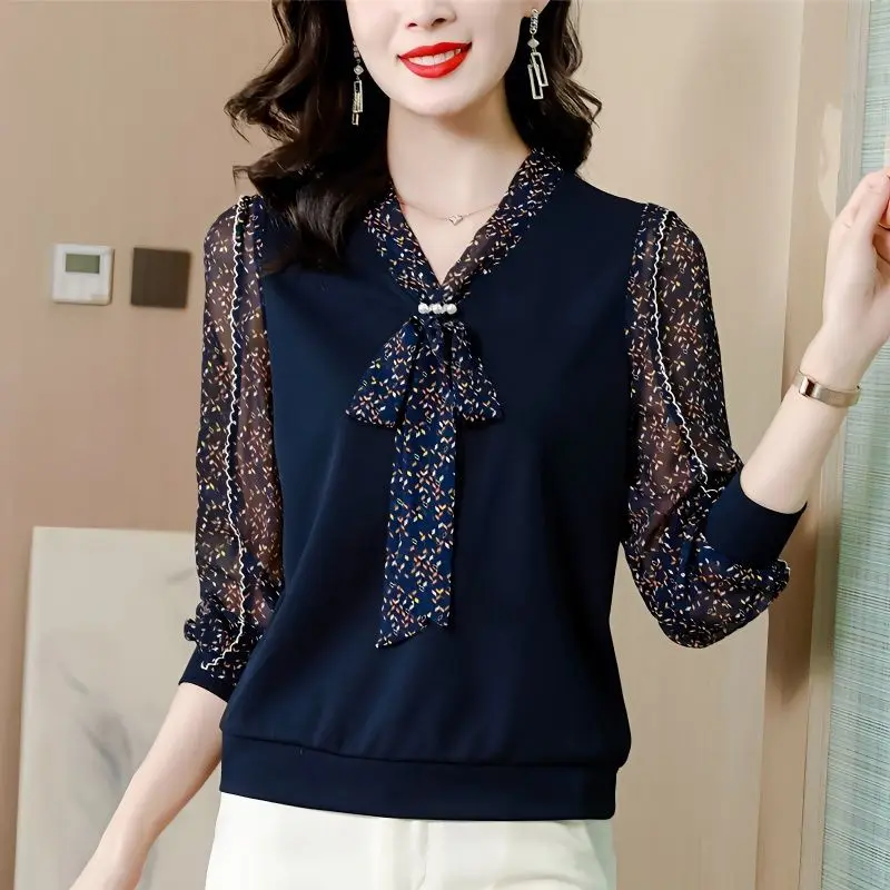 Spring Bowknot Floral Printing Chiffon Shirt Spliced Knitted Blouse Top Women's New Long Sleeve Bottoming Shirt