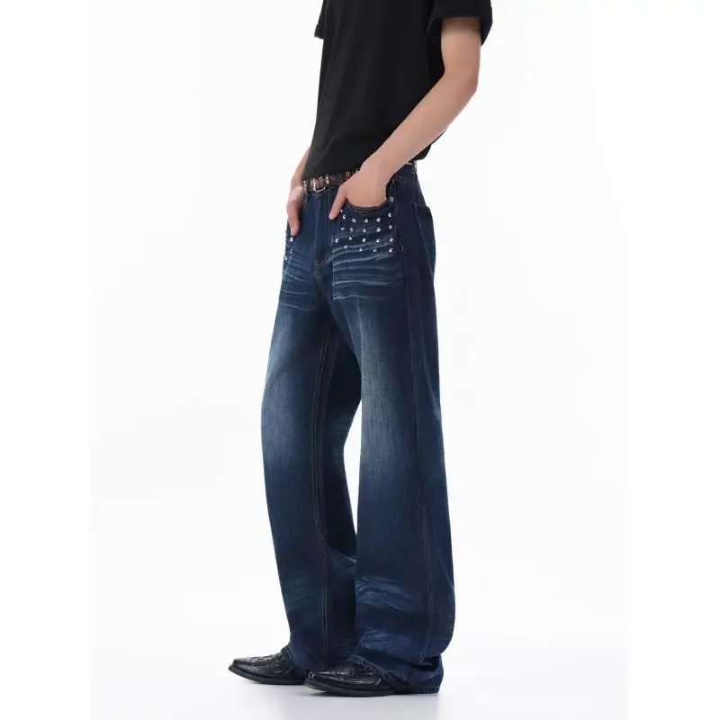 Men's Rivet Flared Blue Jeans Casual Pants Wide Legs Sweatpants Boys Street Bottom Male High Waist Unisex Baggy Trousers