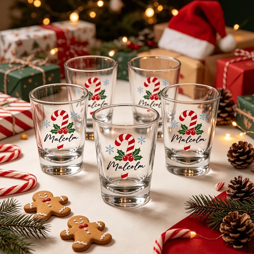 Personalized Custom Christmas Shot Glasses, Custom Name Glass Cups, Candy Cane Christmas Cups, Christmas Stocking Small Gifts, Christmas Party Favors, Personalized Gift Cups