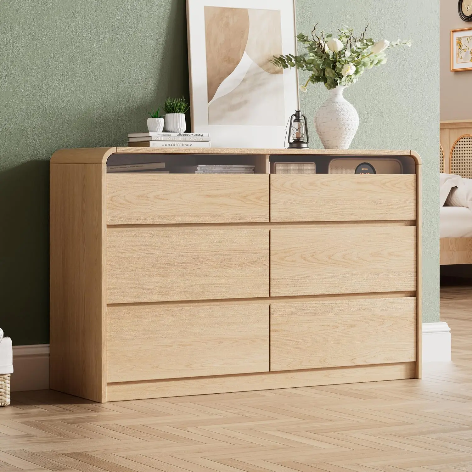 

47.2" Dresser with 6 Drawer, Wide Dresser with Recessed Glass Display & Silent Metal Rails, Handleless Chest of Drawers for C