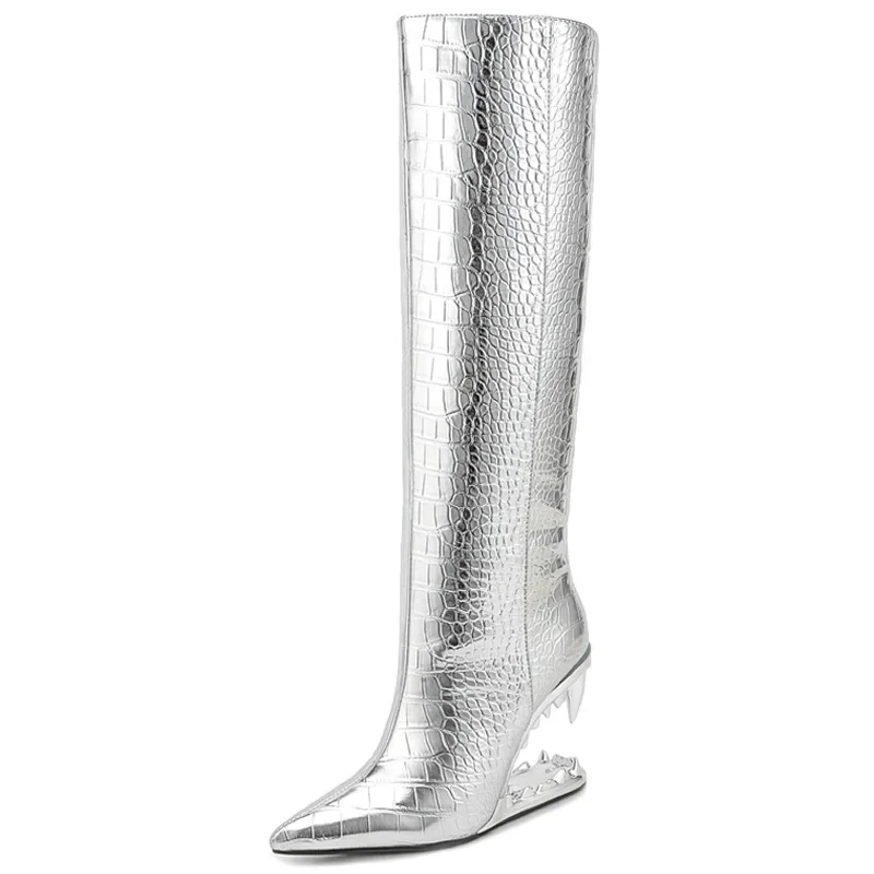 Personality Fashion Boot Trend Big Size Pointed Toe Stone Pattern Special Shaped High Heel Loose Straight High Boots Side Zipper