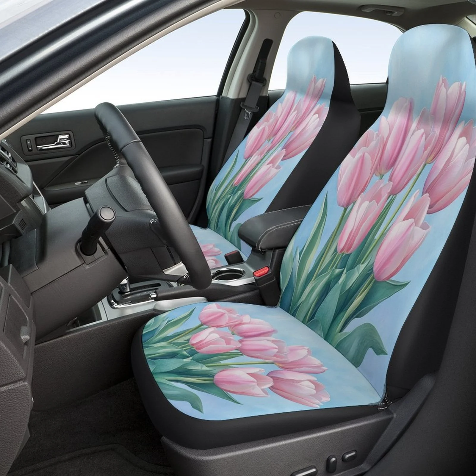 Car Seat Cover Set Featuring Pink Tulips, Suitable For Various Vehicles. This Full Set Includes High-Quality, Comfortable Protec