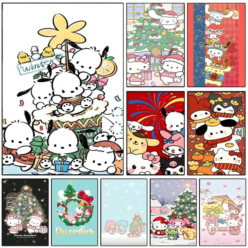 Sanrio Pochacco Winter Christmas Stack Cute Cartoon Canvas Wall Art Unframed Canvas Poster Print for Kids Bedroom Nursery