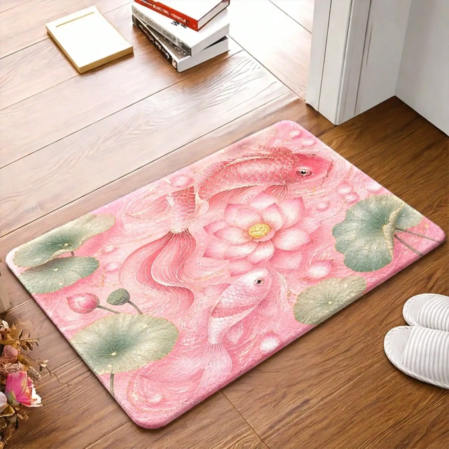 1pc, Pink For Lotus Koi Pattern Doormats, Bath Mat, Durable, Stain - Resistant, Machine - Washable, Indoor Universal Doormats, Entrance Doormats, Kitchen