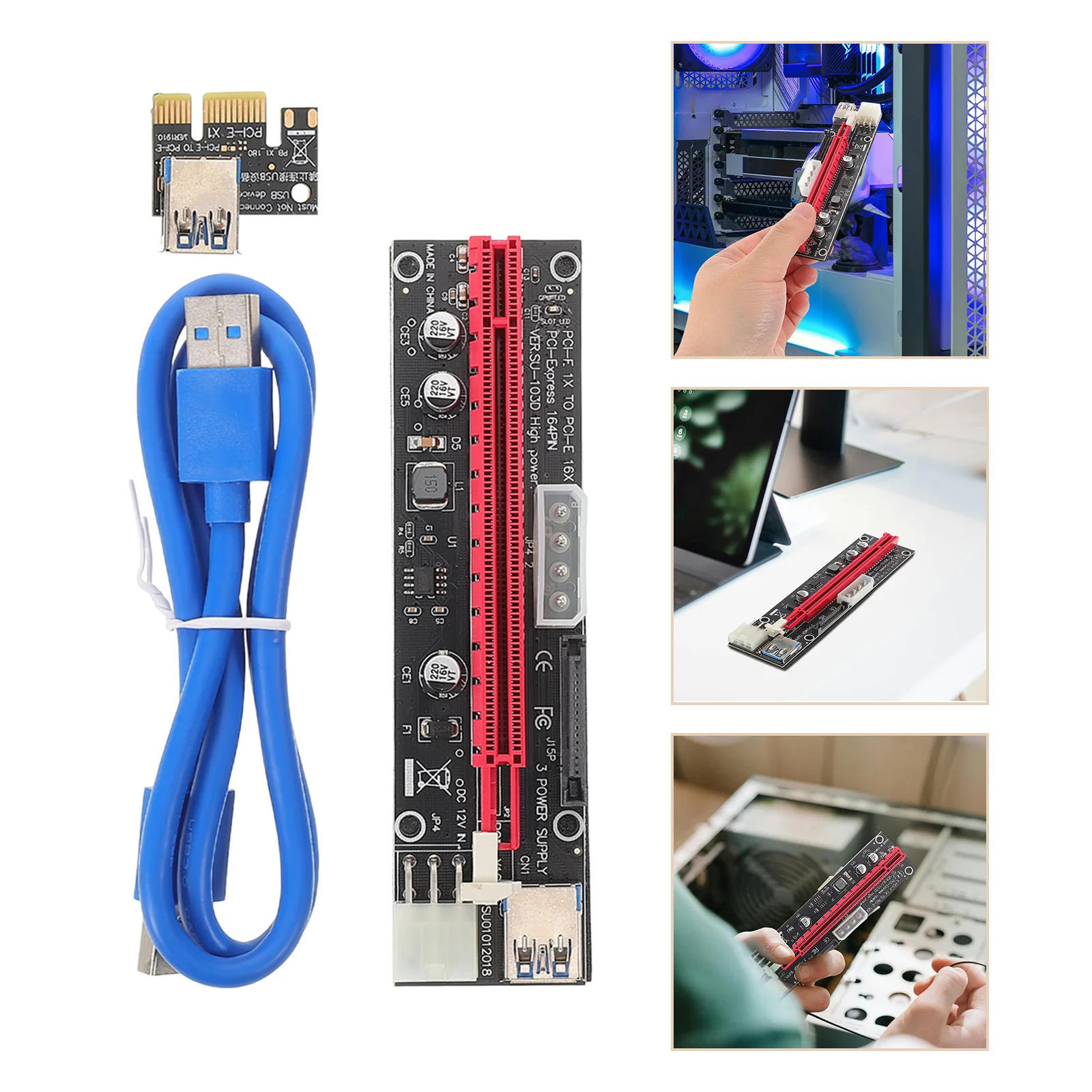 

Pci-E Riser Card 1x to 16x GPU Mining Power Cable LED Indicator High Speed Stable Connection Easy Installation
