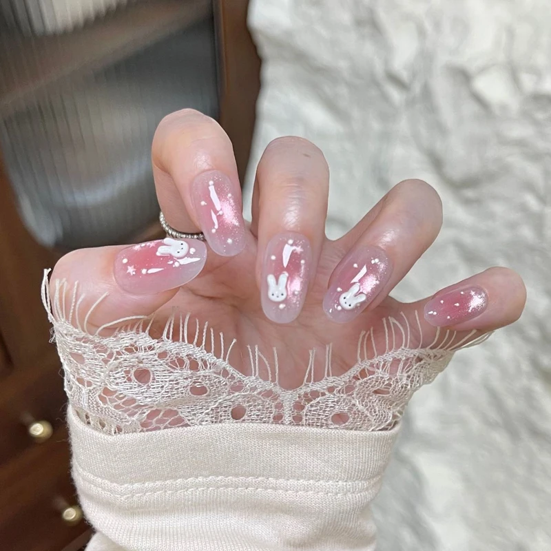 10 Stück Niedliche 3D Polka Dot Hasen Neue Katzenaugen Nagelkunst Kurze Mandel-Form Liebliche Erdbeer-Kaninchen Wiederverwendbare Nagelaufkleber Aufklebbare Nägel – Detail 5