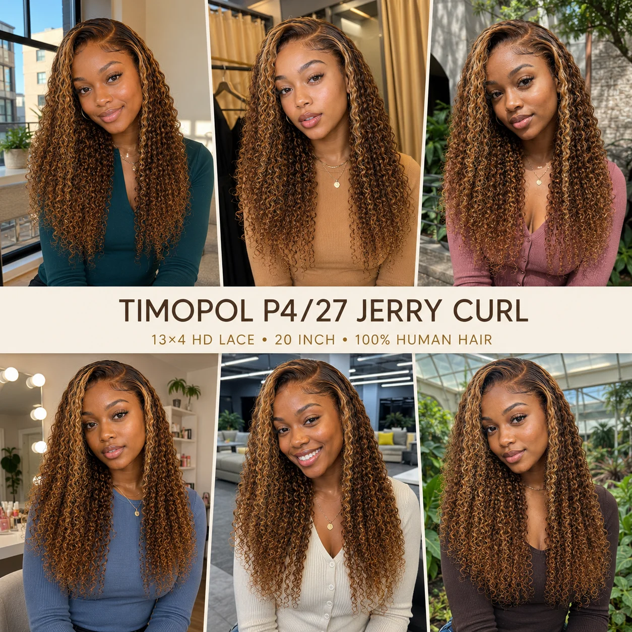 TIMOPOL 13x4 HD Lace Front Jerry Curl Human Hair Wig, P4/27 Highlight Brown Blonde,16 - 20 Inch Pre-Plucked Curly Wig for  Women, Natural Hairline Wear and Go Wig view 4