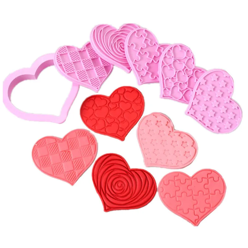 

5Pcs Double Heart Press Cookie Cutter Plastic Biscuit Baking Fruit Knife Kitchen Cake Mold Tools Strips Embossing Printing