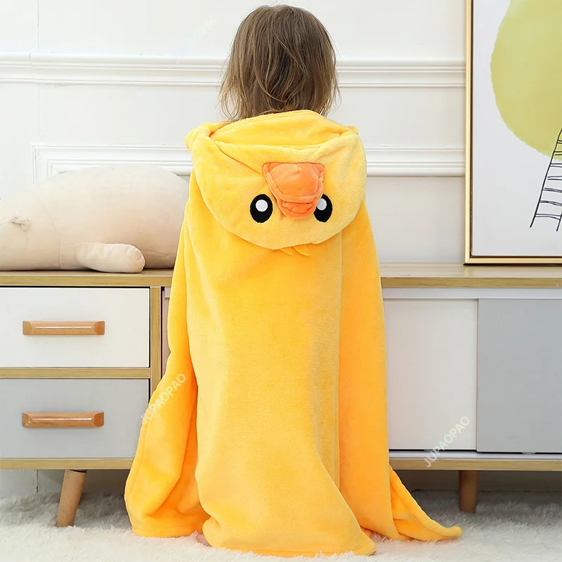 Cute Cartoon Little Yellow Duck Blanket Coral Velvet Hooded Bath Towel New Breathable Spring Baby\'s Newborn Swaddling Baby Scarf