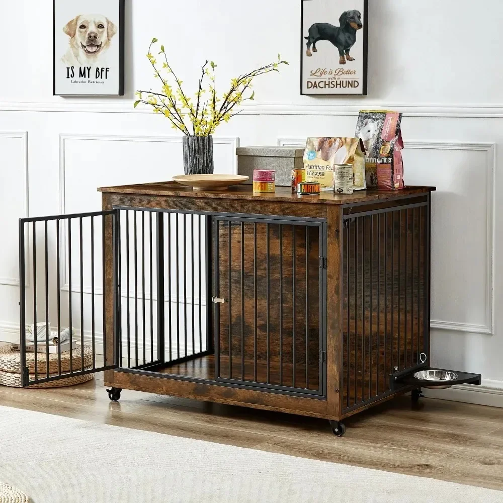 Furniture-Style Dog Crate Side Table with Rotatable Bowl, Wheels, 3 Doors, Flip-Up Top. Rustic Brown, 43.7