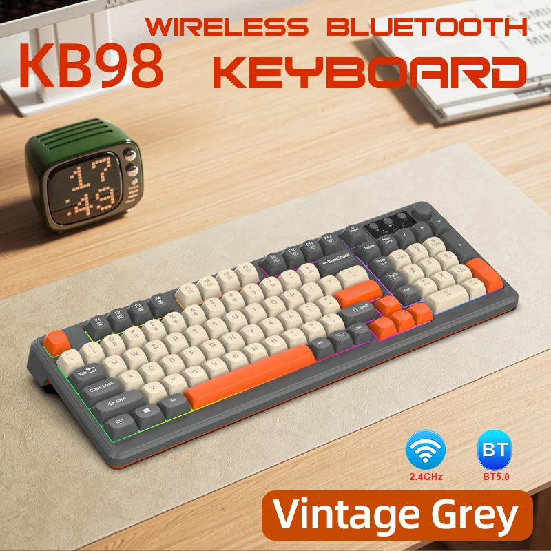 Wireless Gaming Membrane Keyboard 98 Keys Tri-Mode Bluetooth 2.4G Wired RGB Backlit Large Battery PBT Keycaps with Knob