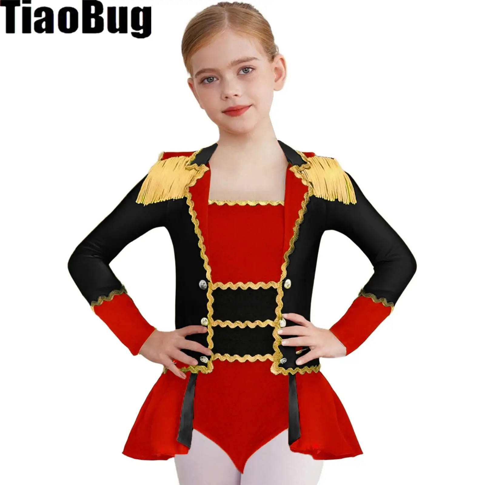 

Teen Girls Ringmaster Circus Jumpsuit Halloween Magician Drummer Costume Long Sleeve Shoulder Epaulets Tassels Leotards Bodysuit