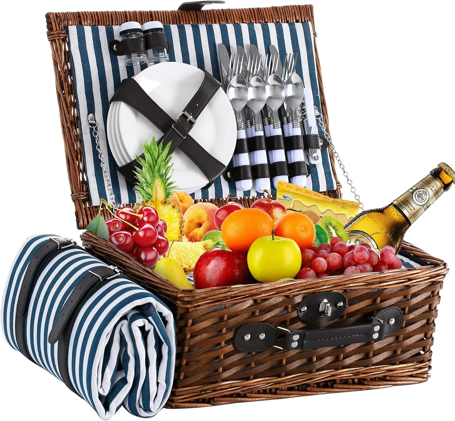 4-Person Picnic Basket with Waterproof Blanket, Blue and Gray Striped Pattern