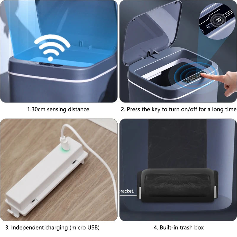 12/14/16L Smart Trash Can with Motion Sensor Lid USB Rechargeable Garbage Can Bathroom Kitchen Waterproof Garbage Bin