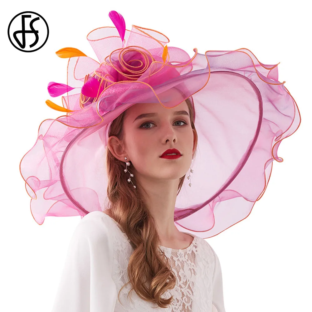 FS Organza Kentucky Derby kapelusze dla kobiet z szerokim rondem welon czapka plażowa kwiat pióro wesele elegancka impreza kościelna fedorka kobieta