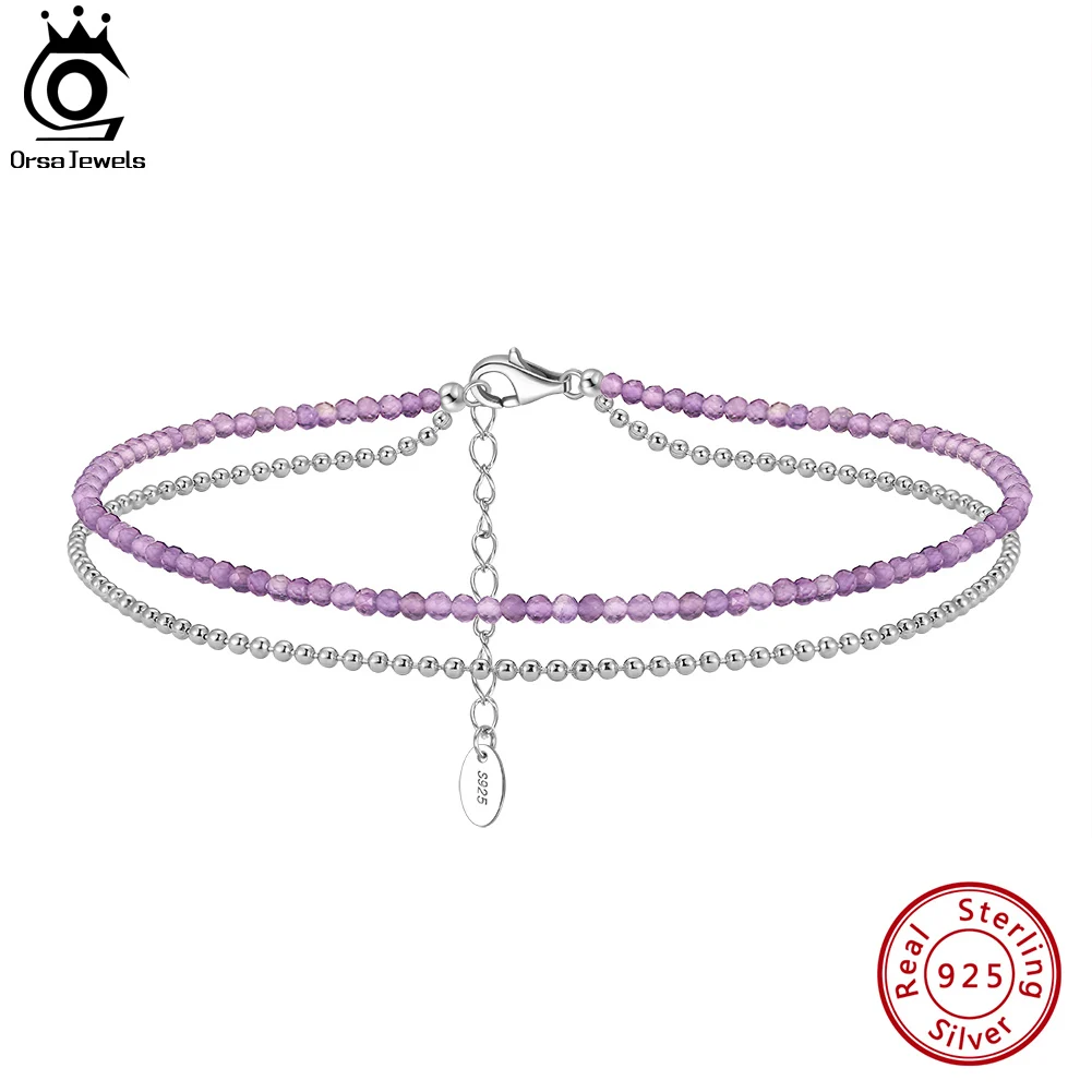 

ORSA JEWELS Round Natural Amethyst 925 Sterling Silver Foot Bracelet for Women Purple Gemstone Statement Beads Anklets Jewelry