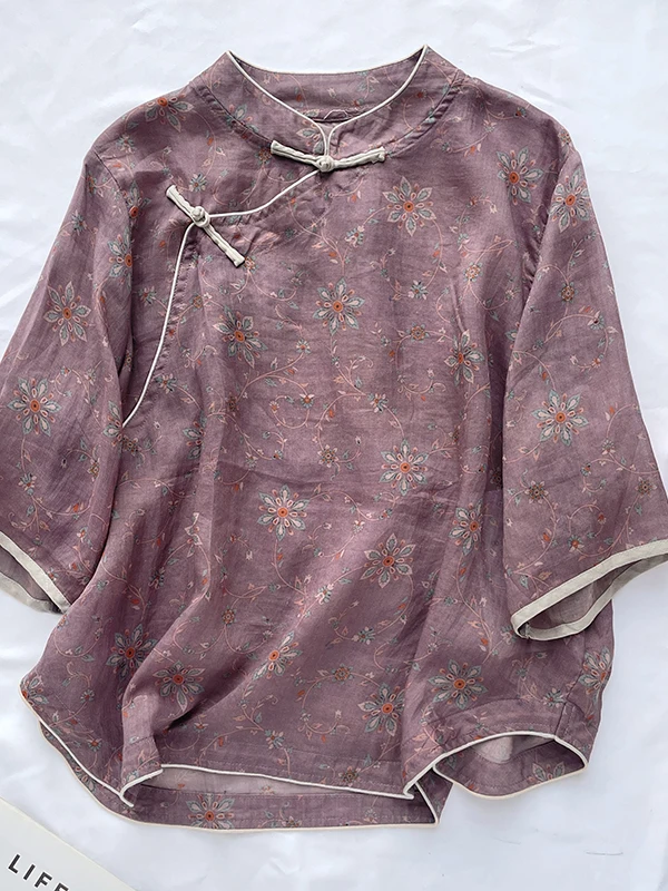 

Korean Japanese Style Printed Short Sleeve Shirt Women's Stand Collar Cut Label Ethnic New Chinese Style Top Large Size Shirt
