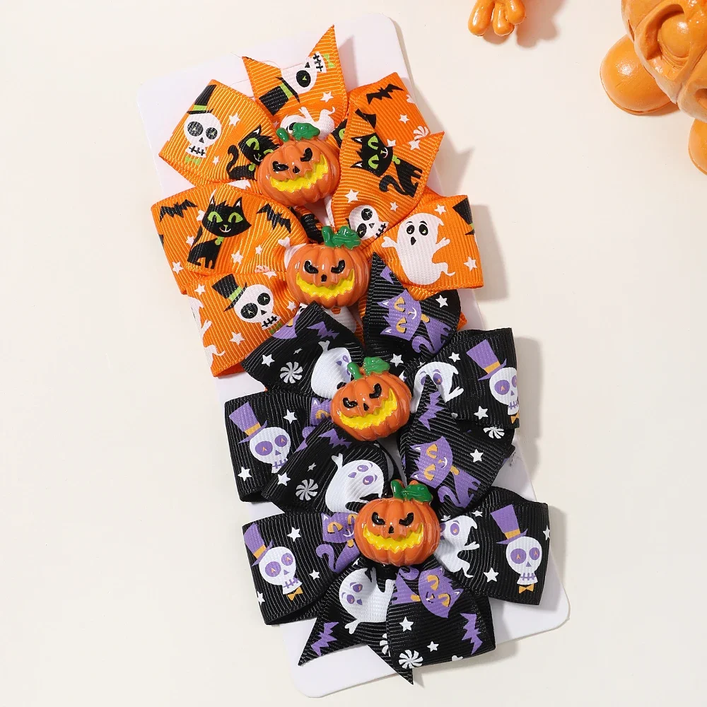 4 teile/satz Halloween Cheer Bow Haars pange für Kinder lustige Kürbis Haarnadel Band Bowknot Haars pange Mädchen Kopf bedeckung Haar Zubehör – Detail 22