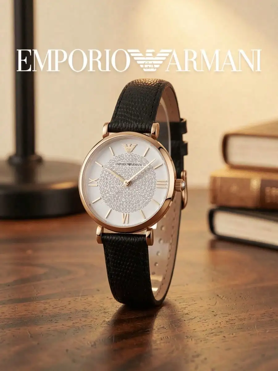 Emporio Armani AR11387 Gianni T-Bar Series Quartz Watch 32mm Rose Gold Crystal Dial Black Leather Band 3ATM Ladies Wristwatch