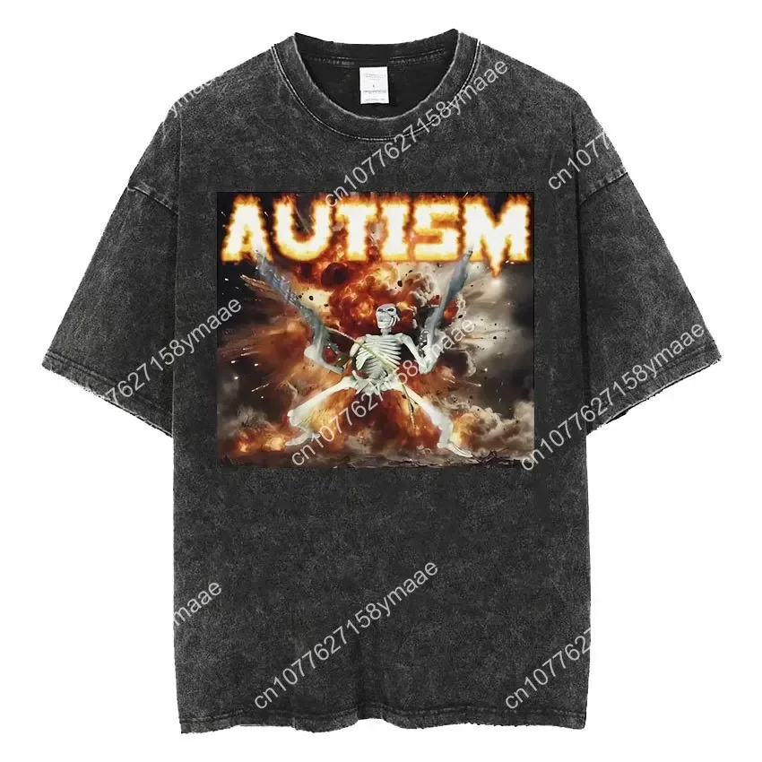 Autism Skeleton Meme T Shirt Human Funny Skull Men Women Harajuku Gothic Vintage Washed T Shirts Oversized Casual Cotton T-shirt