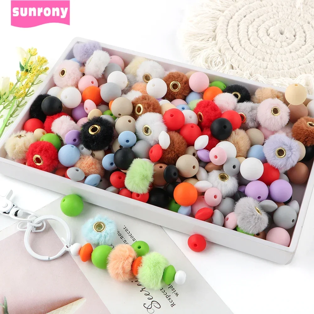 57pcs/Bag Plush Fur Covered Ball Beads Round Lentil Beads Sets DIY Pompom Earrings Bracelet  Necklace For Jewelry Making