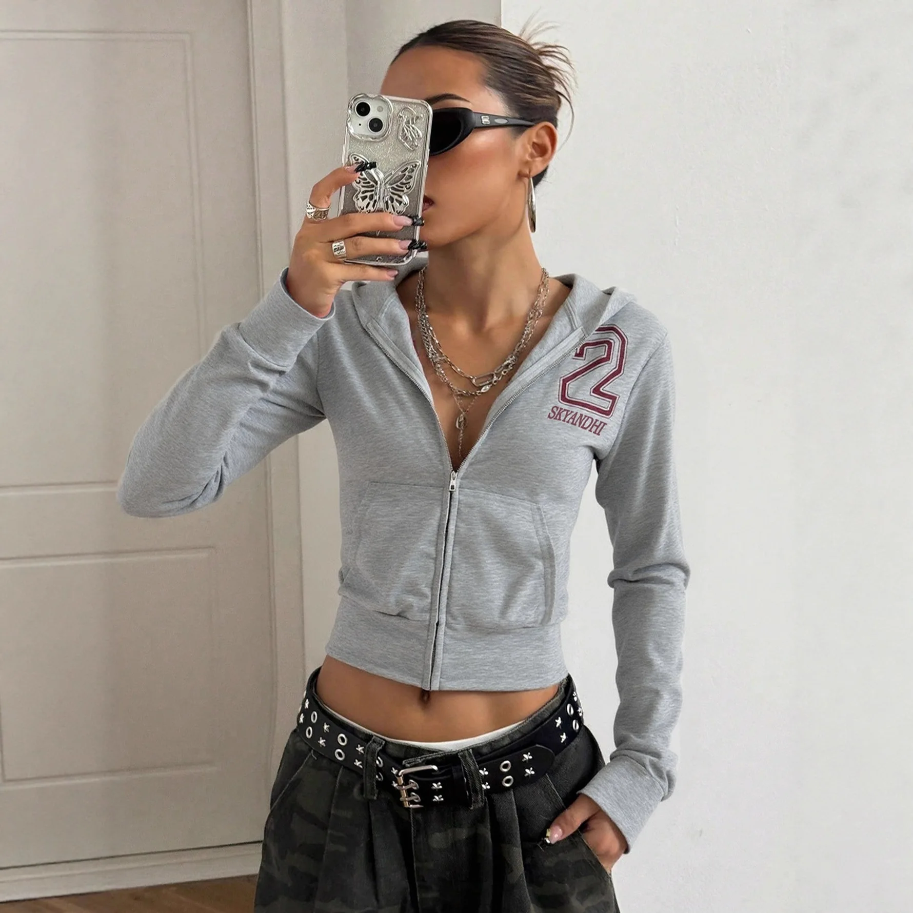 Women's Autumn Vintage Y2K Zip Up Hoodie Jacket Wine Red Slim Fit Print Long Sleeve Coat Polyester Knit Daily Commute Outerwear
