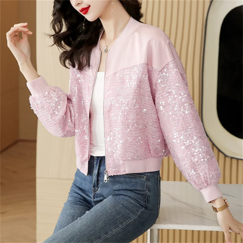 

Short Jacket Women Simple Coat Sequin Feeling Splicing Jacket Baseball Uniform Casual cloth Outerwear Loose Thin Female Jacket