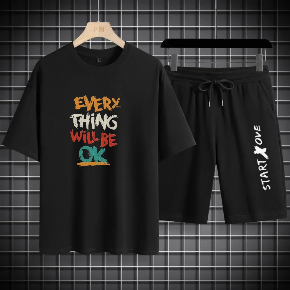 

2025 Summer Cotton Men's Sets New Printing Creative Letter Casual Gym Comfortable O-Neck Short-Sleeve Top and Shorts Sports Suit
